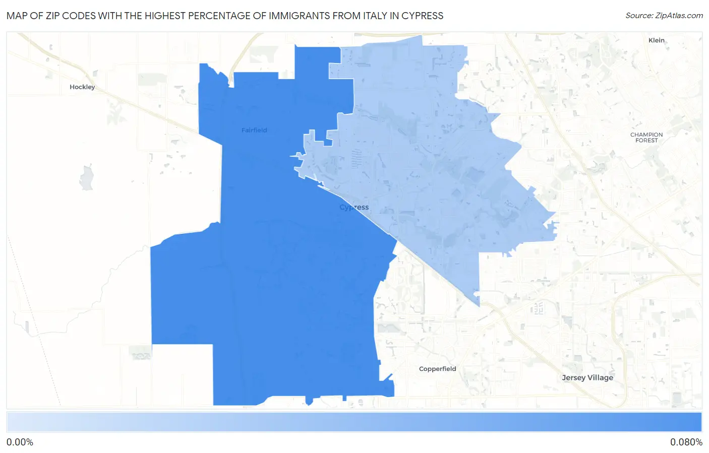 Zip Codes with the Highest Percentage of Immigrants from Italy in Cypress Map