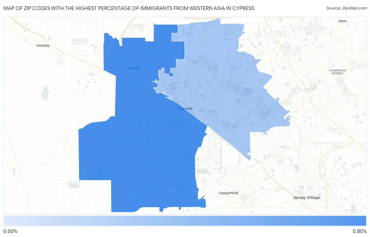 Zip Codes with the Highest Percentage of Immigrants from Western Asia in Cypress Map