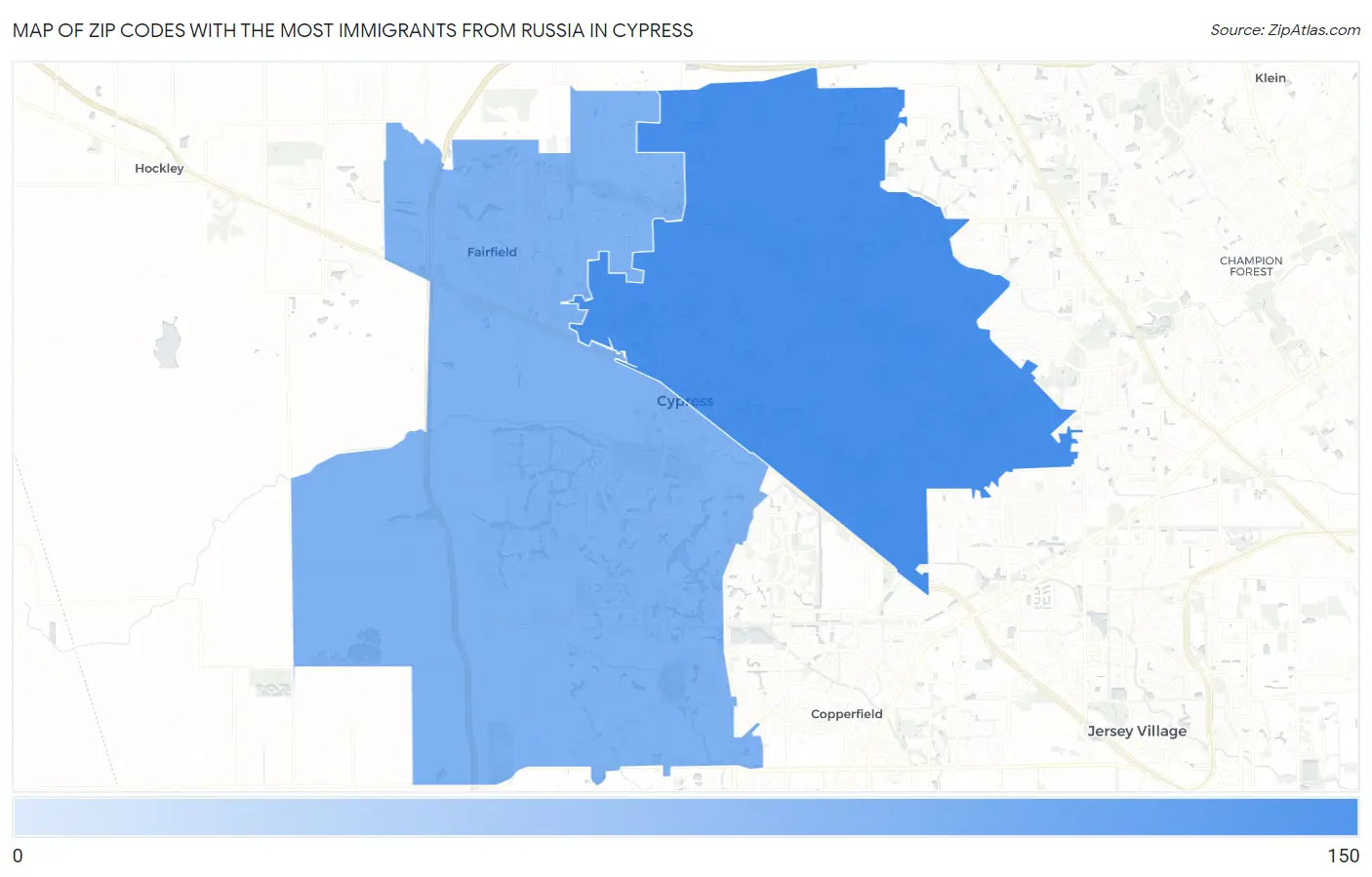 Zip Codes with the Most Immigrants from Russia in Cypress Map