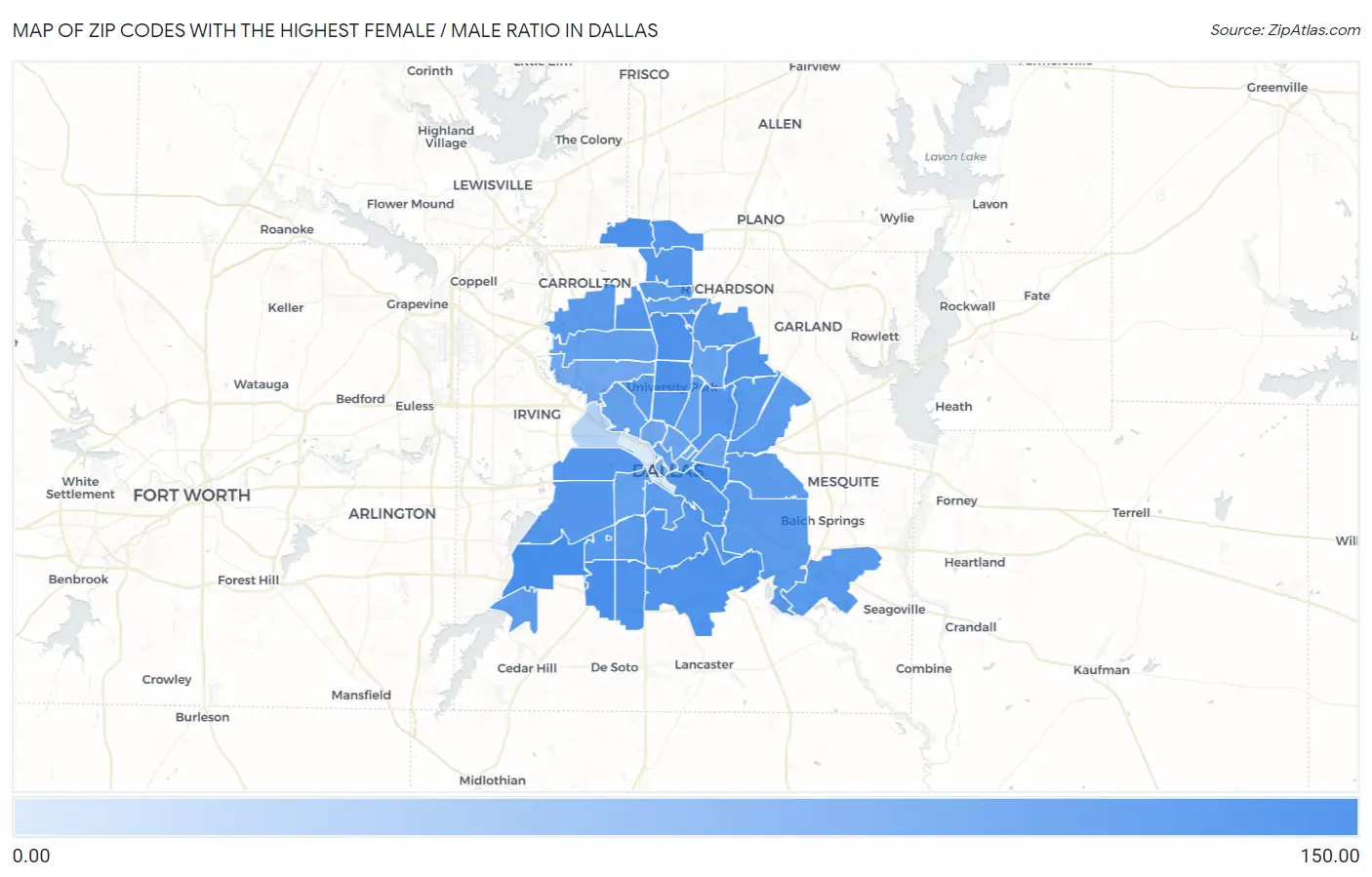 Zip Codes with the Highest Female / Male Ratio in Dallas Map