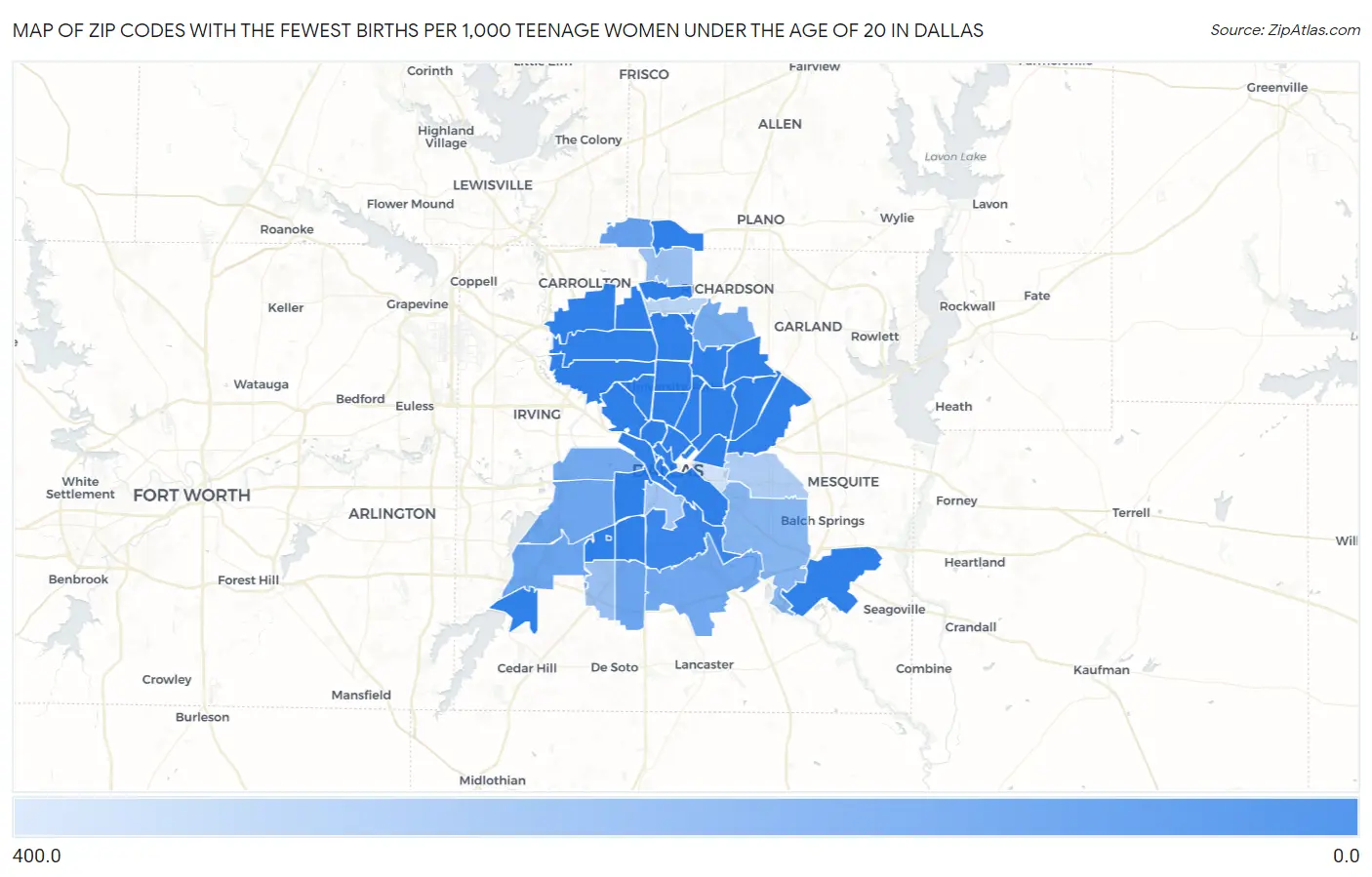 Zip Codes with the Fewest Births per 1,000 Teenage Women Under the Age of 20 in Dallas Map