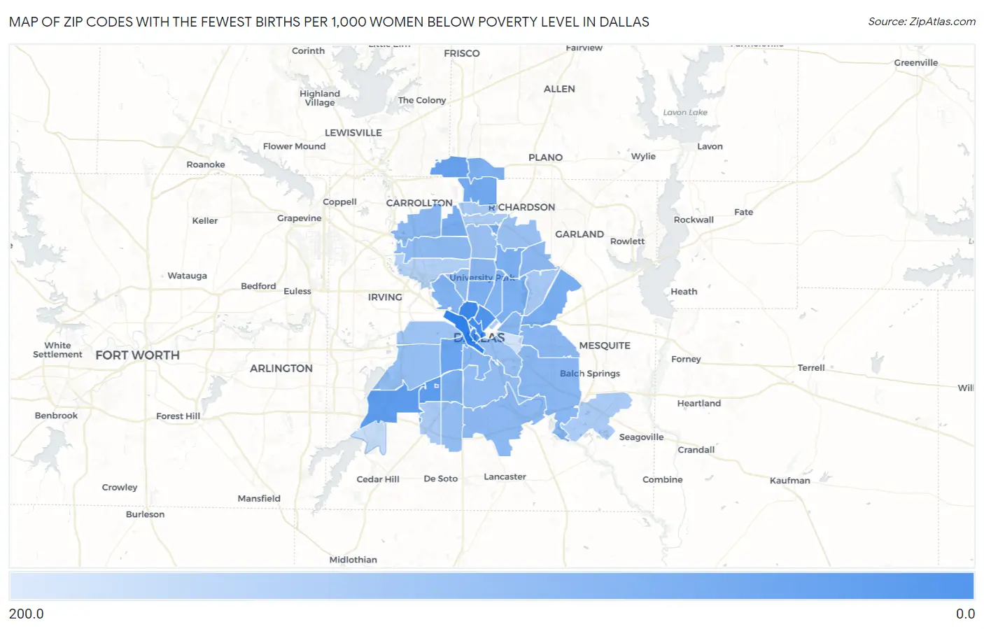 Zip Codes with the Fewest Births per 1,000 Women Below Poverty Level in Dallas Map