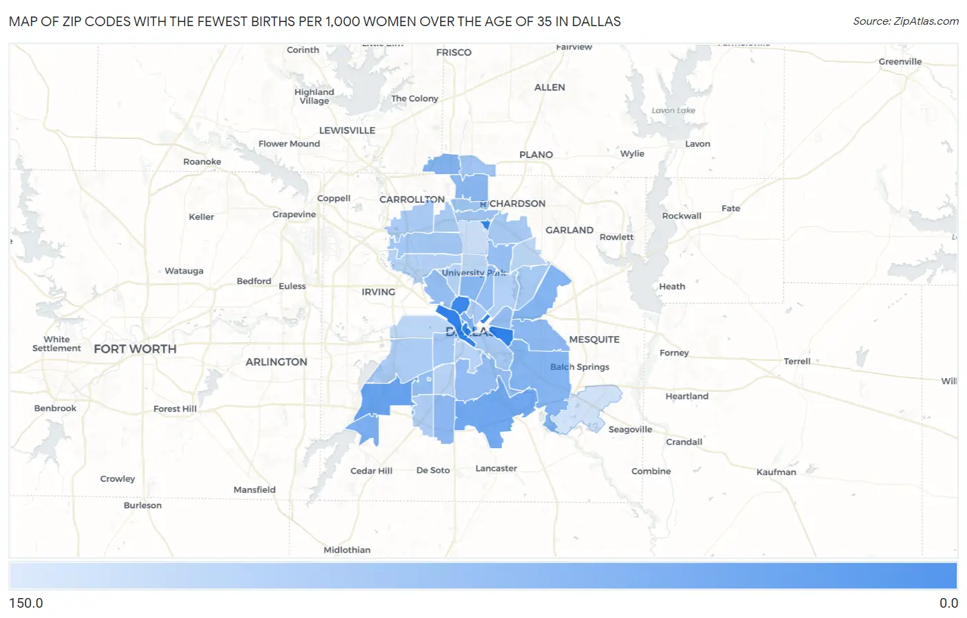 Zip Codes with the Fewest Births per 1,000 Women Over the Age of 35 in Dallas Map