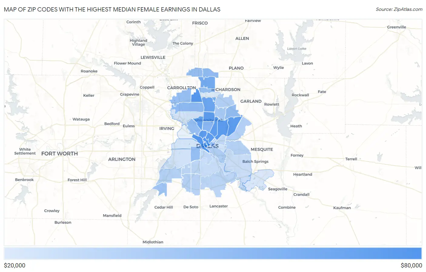 Zip Codes with the Highest Median Female Earnings in Dallas Map