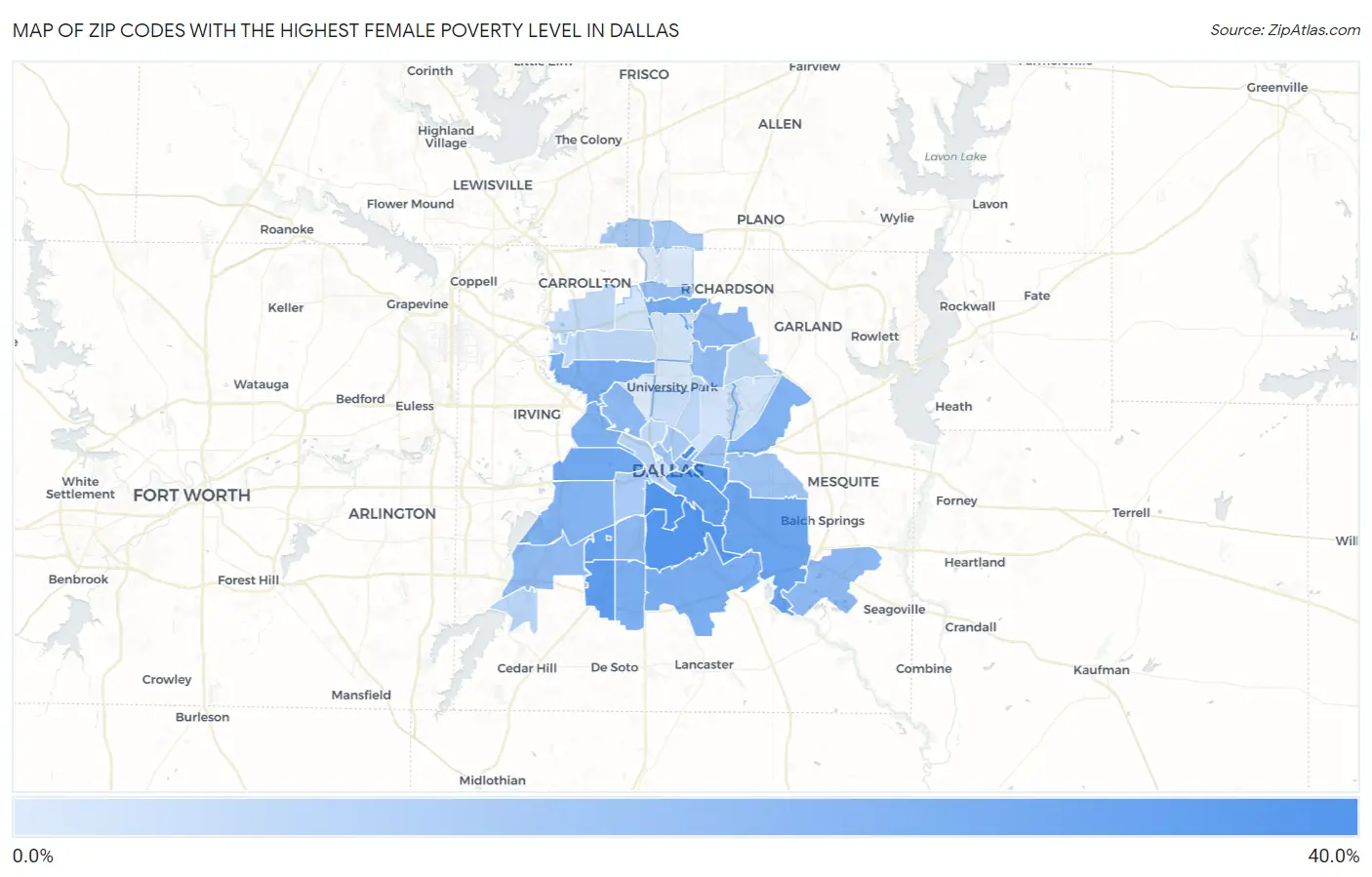 Zip Codes with the Highest Female Poverty Level in Dallas Map