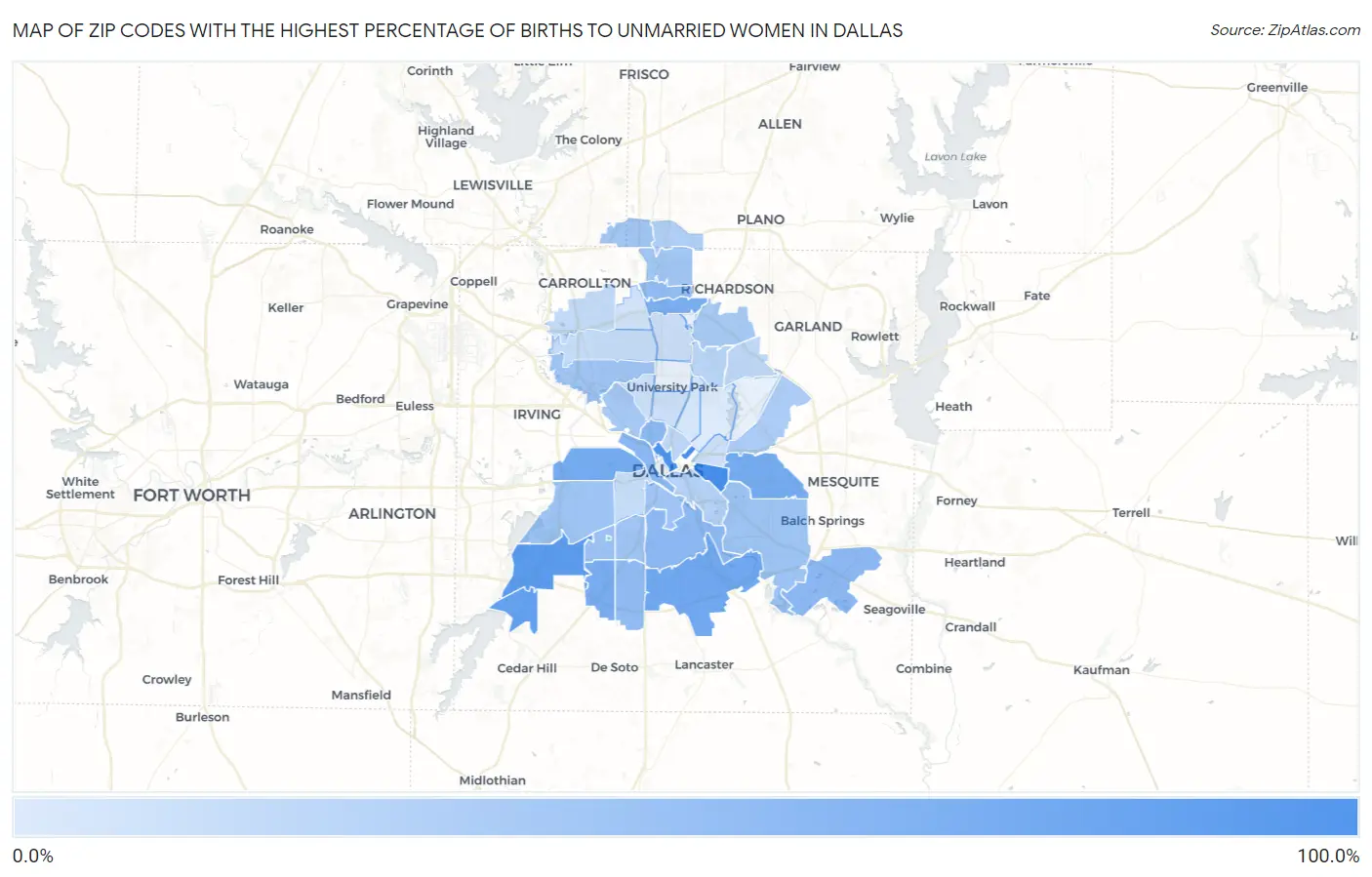 Zip Codes with the Highest Percentage of Births to Unmarried Women in Dallas Map