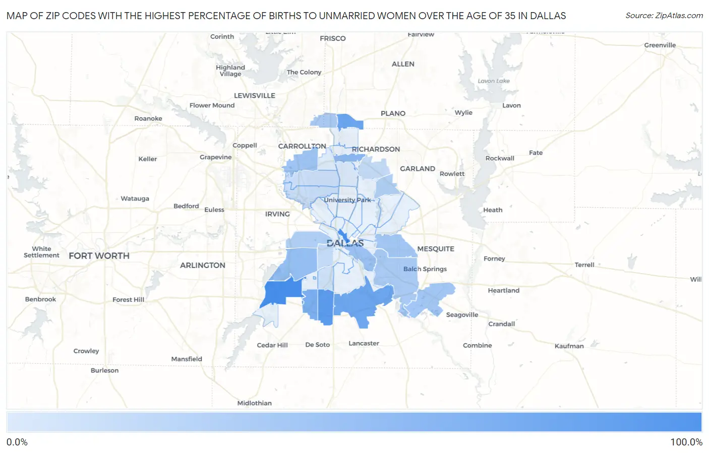 Zip Codes with the Highest Percentage of Births to Unmarried Women over the Age of 35 in Dallas Map