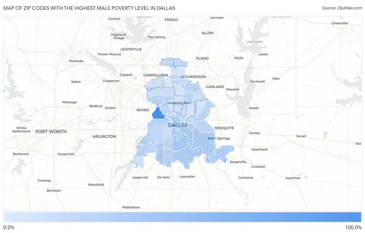 Zip Codes with the Highest Male Poverty Level in Dallas Map