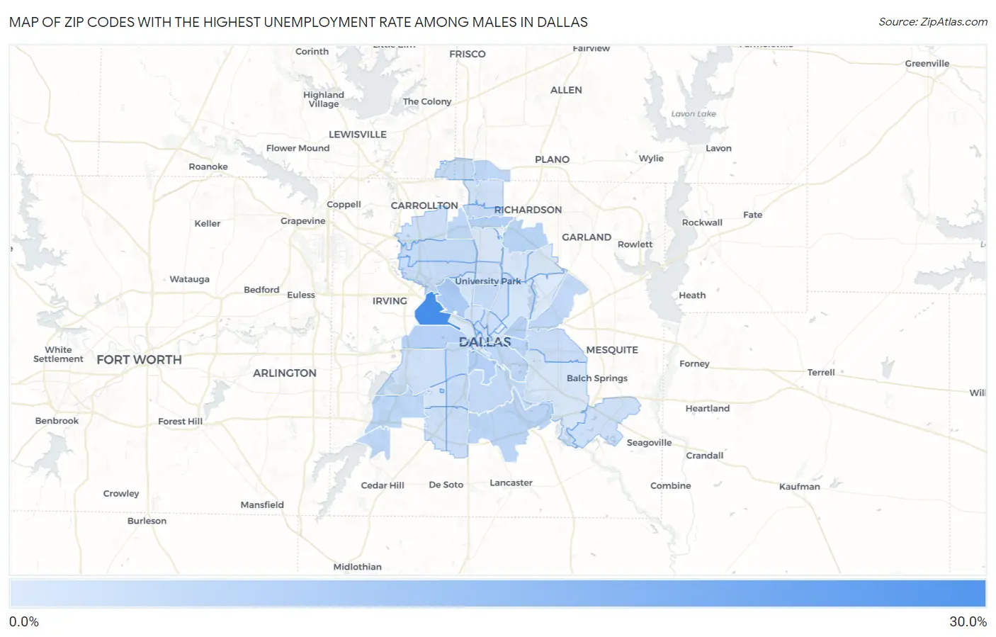 Zip Codes with the Highest Unemployment Rate Among Males in Dallas Map