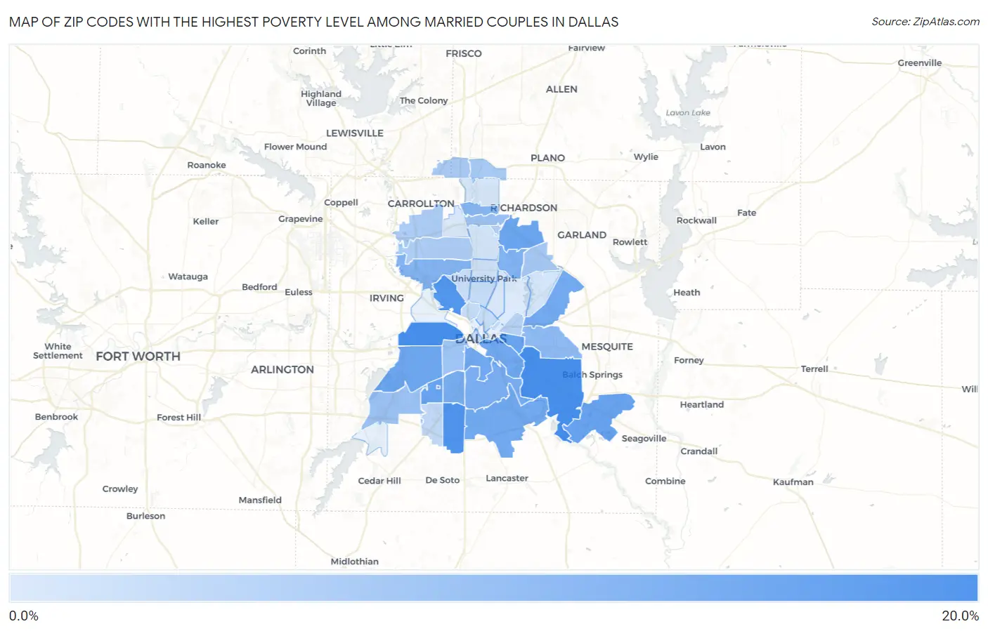 Zip Codes with the Highest Poverty Level Among Married Couples in Dallas Map