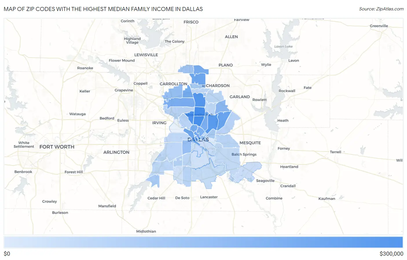 Zip Codes with the Highest Median Family Income in Dallas Map