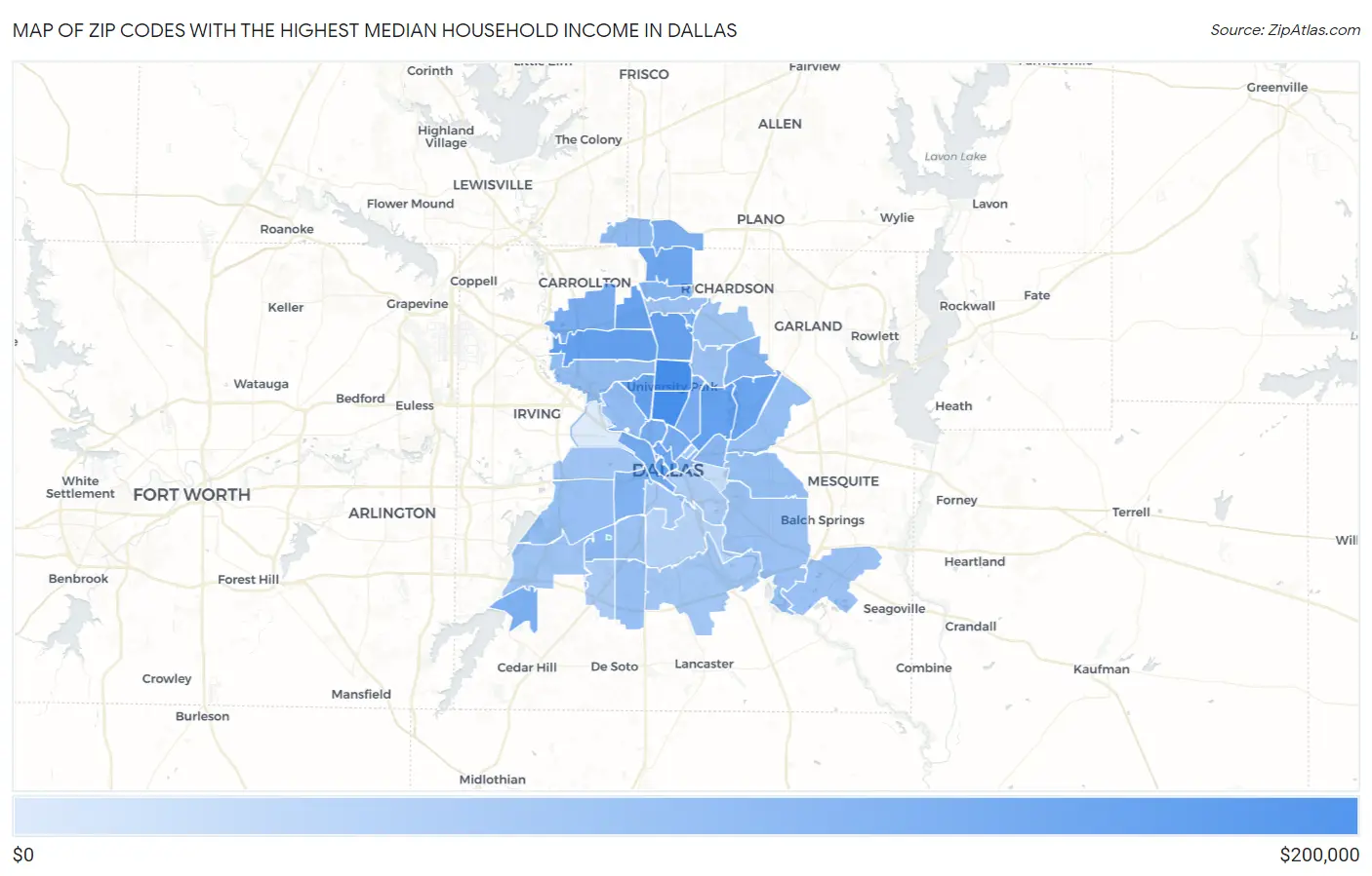 Zip Codes with the Highest Median Household Income in Dallas Map