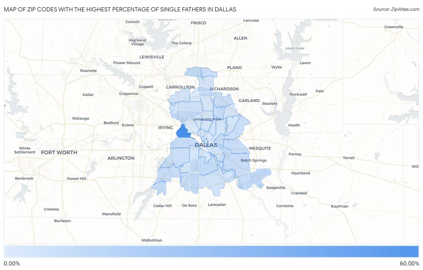 Zip Codes with the Highest Percentage of Single Fathers in Dallas Map