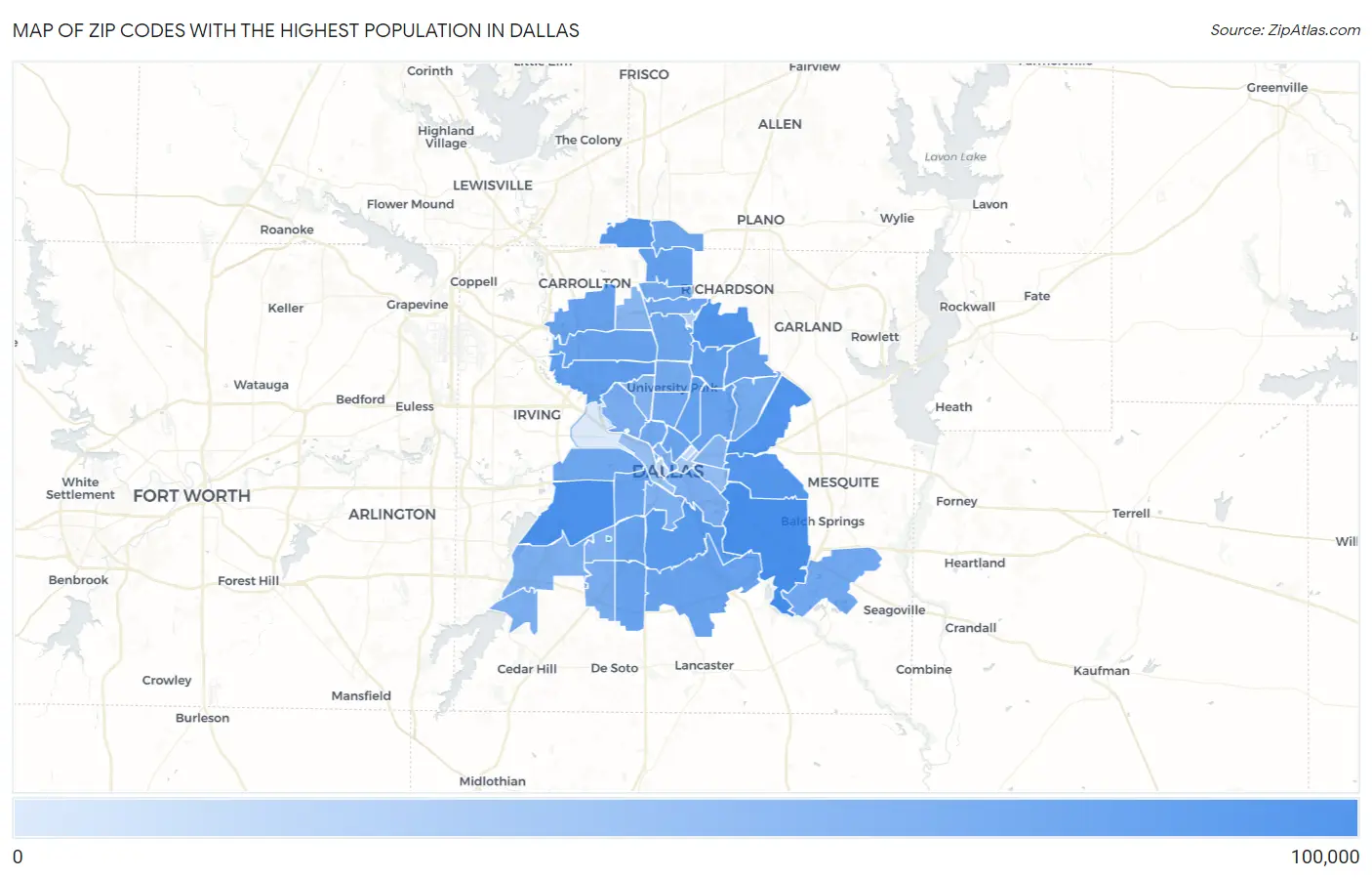 Zip Codes with the Highest Population in Dallas Map