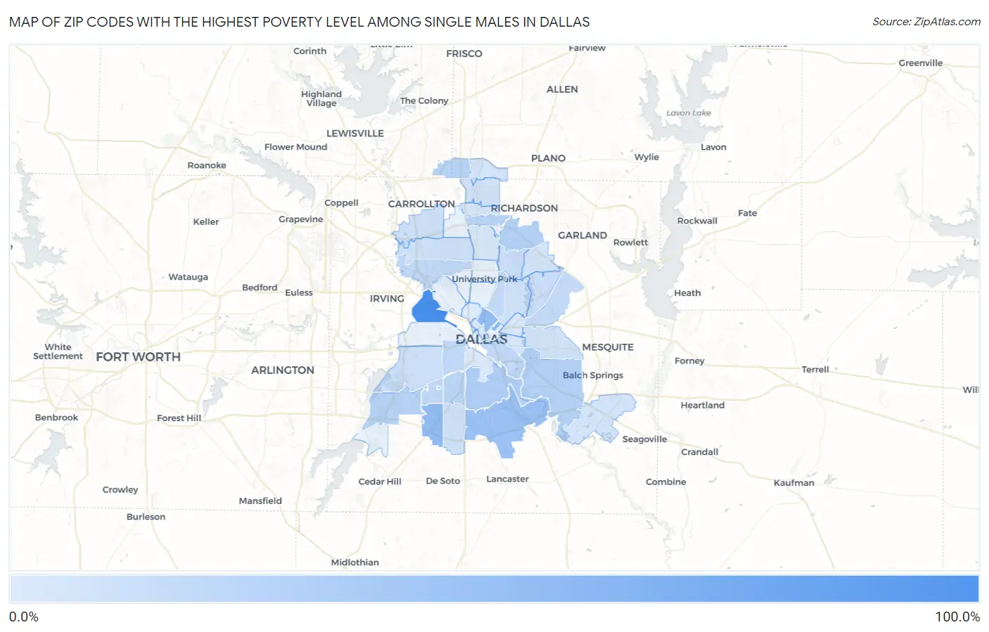 Zip Codes with the Highest Poverty Level Among Single Males in Dallas Map