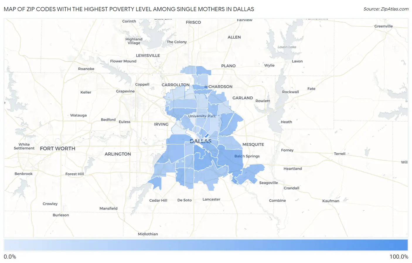 Zip Codes with the Highest Poverty Level Among Single Mothers in Dallas Map