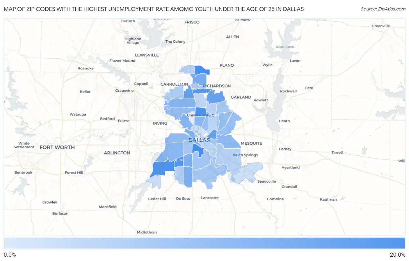 Zip Codes with the Highest Unemployment Rate Amomg Youth Under the Age of 25 in Dallas Map