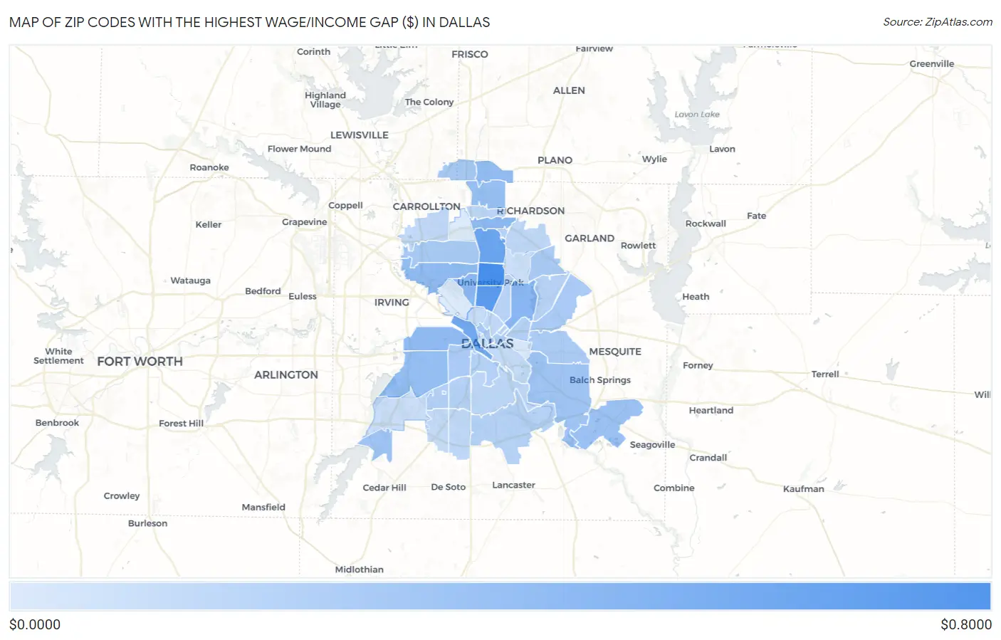 Zip Codes with the Highest Wage/Income Gap ($) in Dallas Map