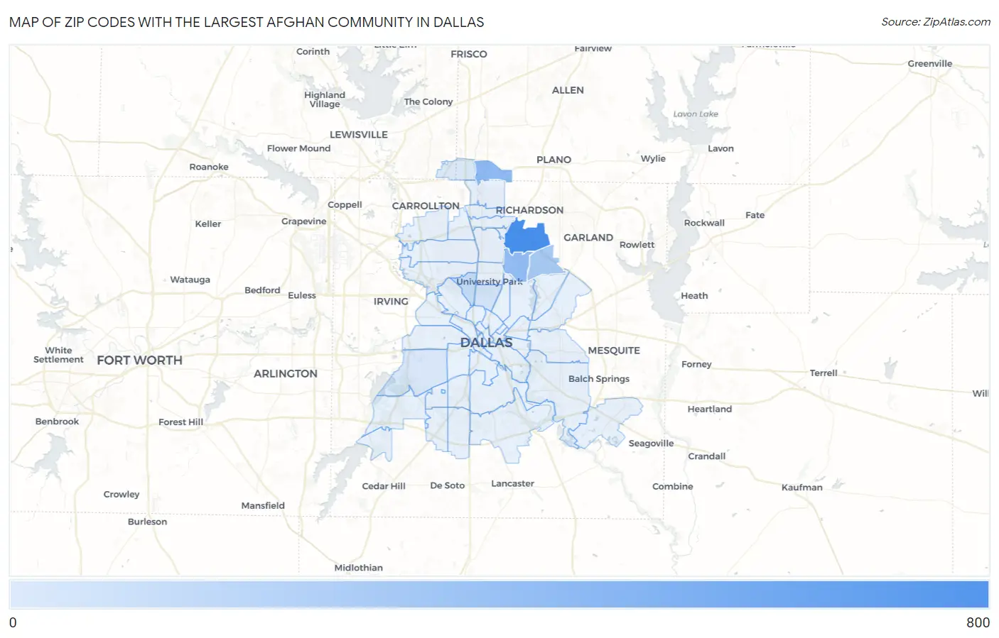 Zip Codes with the Largest Afghan Community in Dallas Map