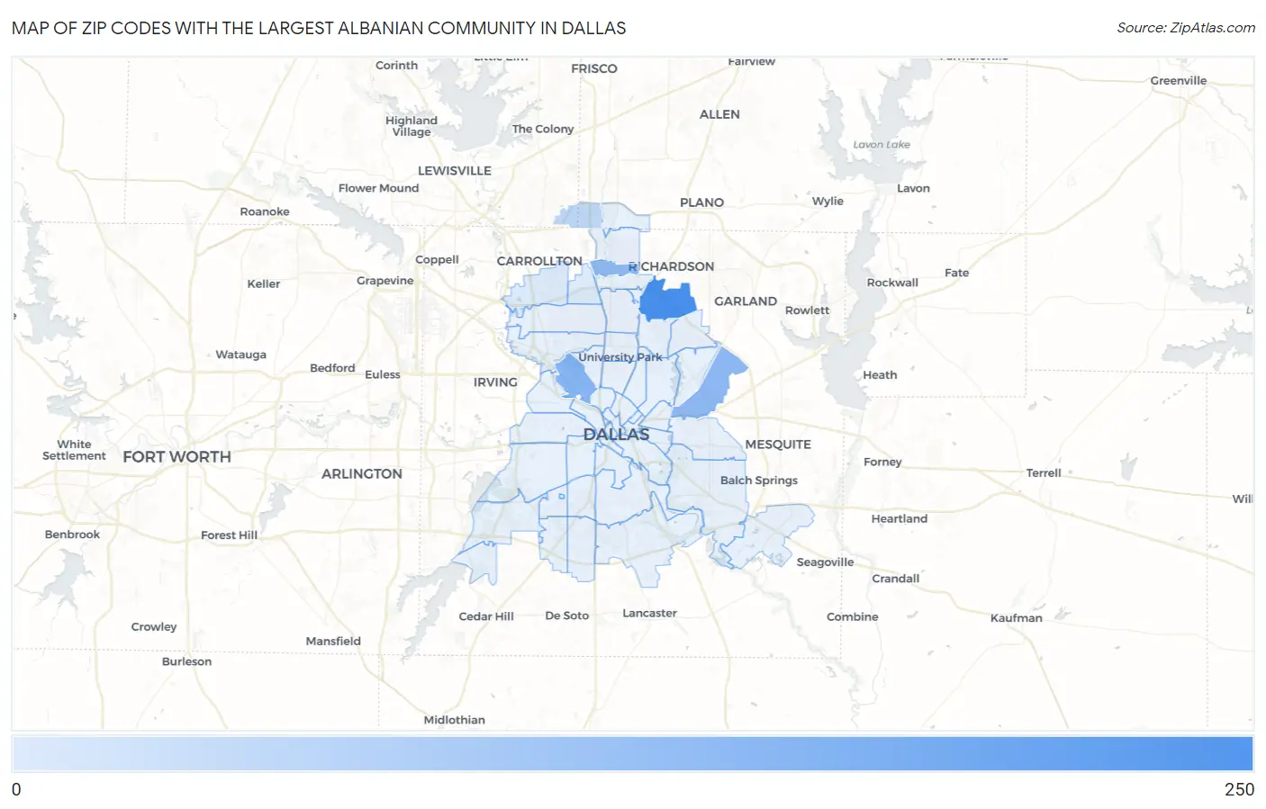 Zip Codes with the Largest Albanian Community in Dallas Map