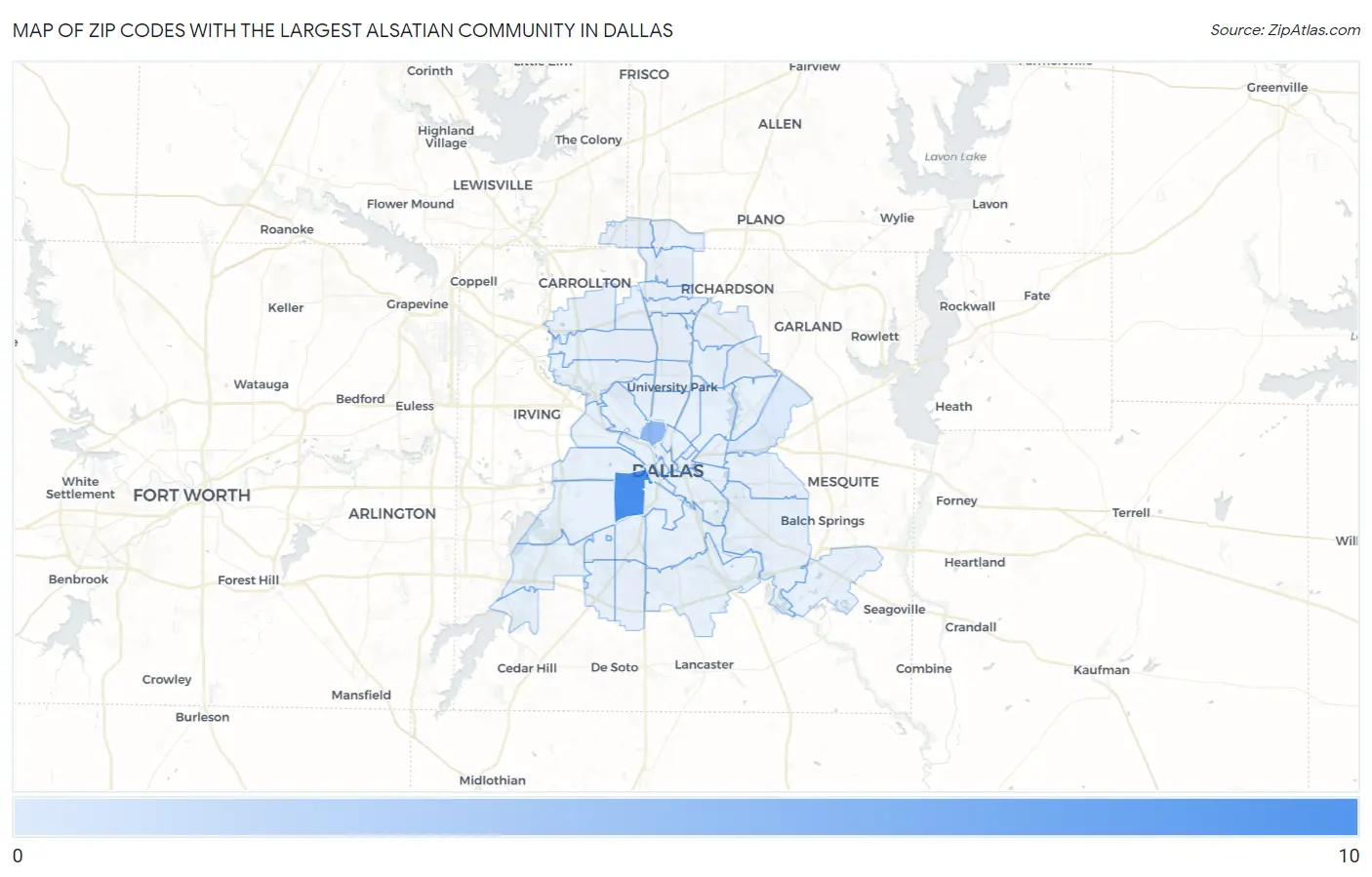 Zip Codes with the Largest Alsatian Community in Dallas Map