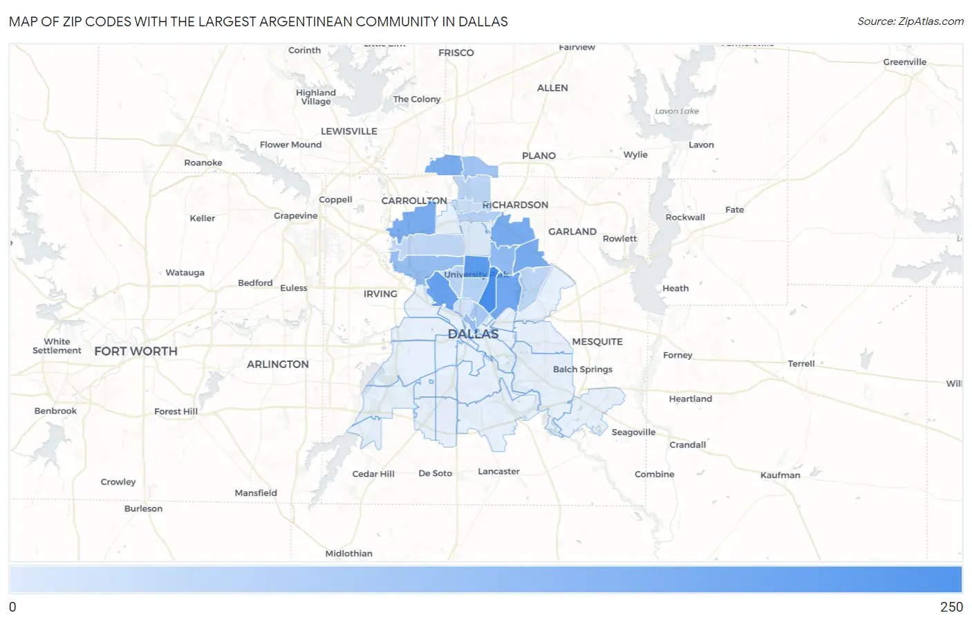 Zip Codes with the Largest Argentinean Community in Dallas Map