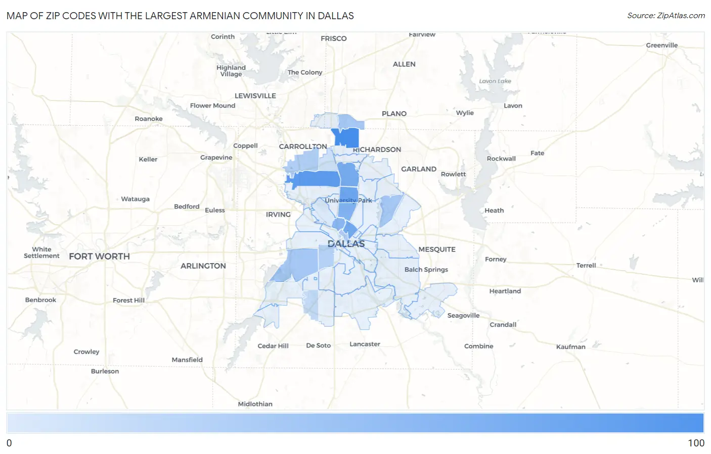 Zip Codes with the Largest Armenian Community in Dallas Map
