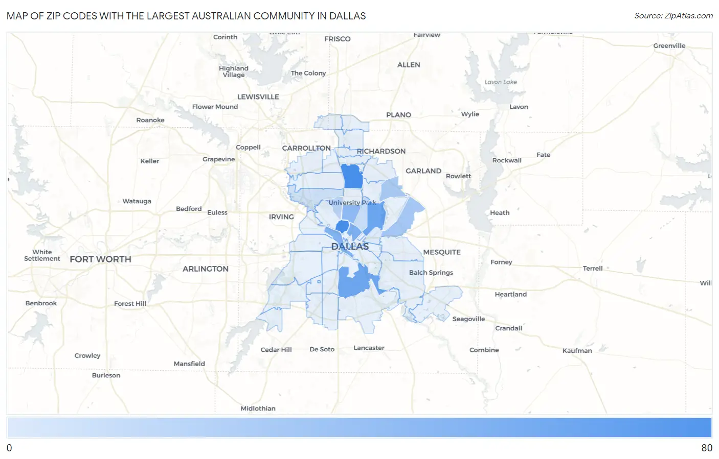 Zip Codes with the Largest Australian Community in Dallas Map