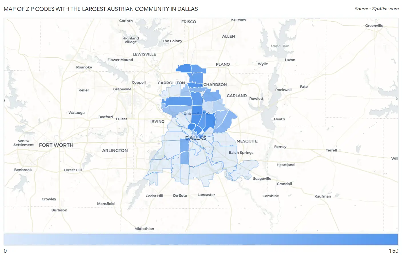 Zip Codes with the Largest Austrian Community in Dallas Map