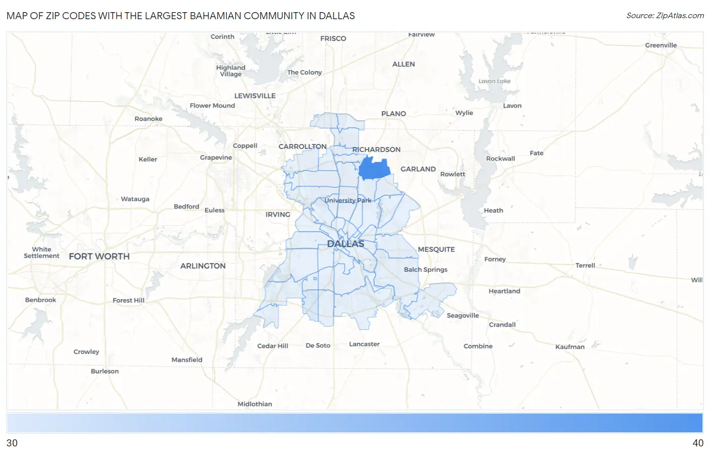 Zip Codes with the Largest Bahamian Community in Dallas Map