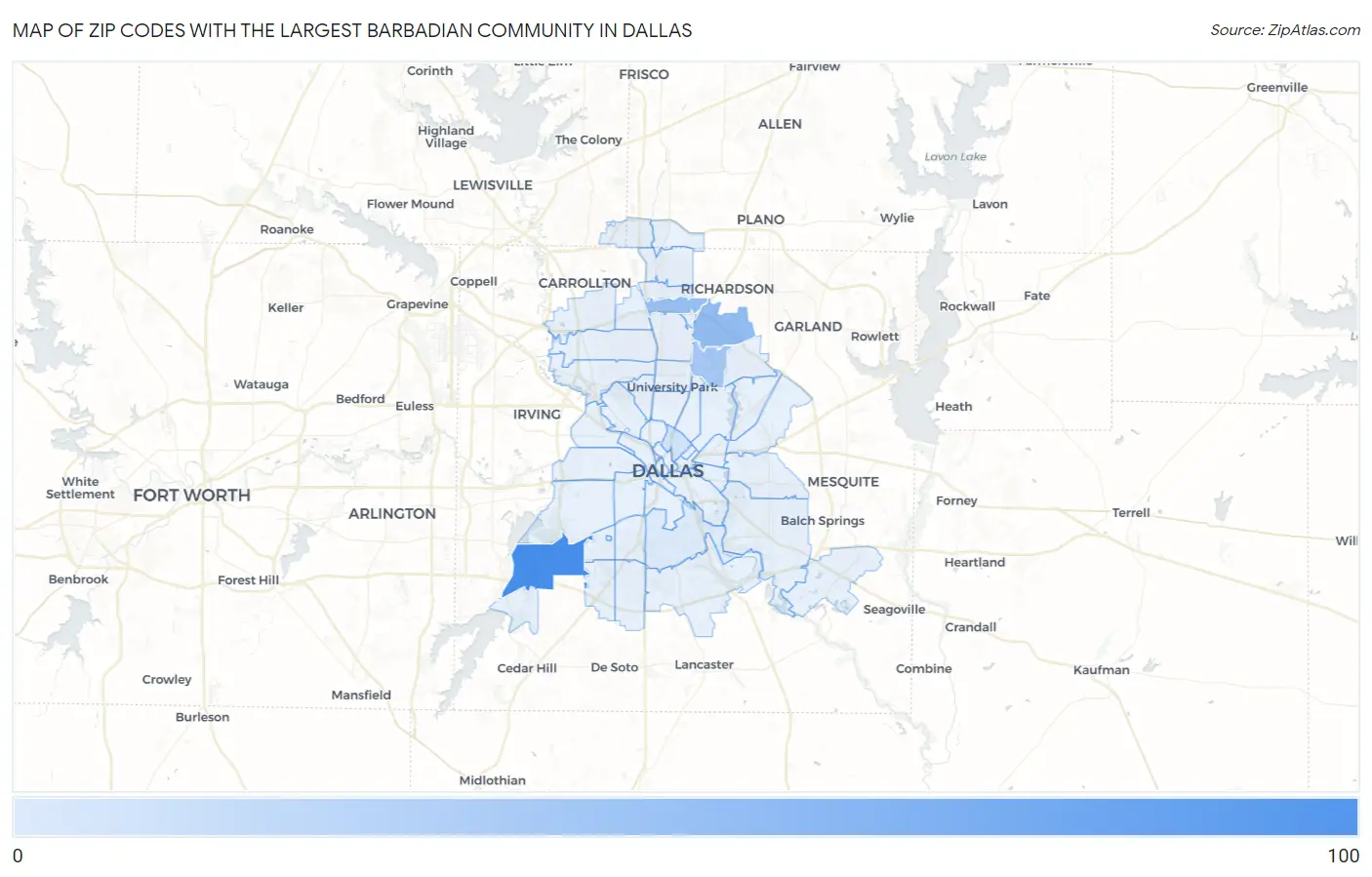 Zip Codes with the Largest Barbadian Community in Dallas Map