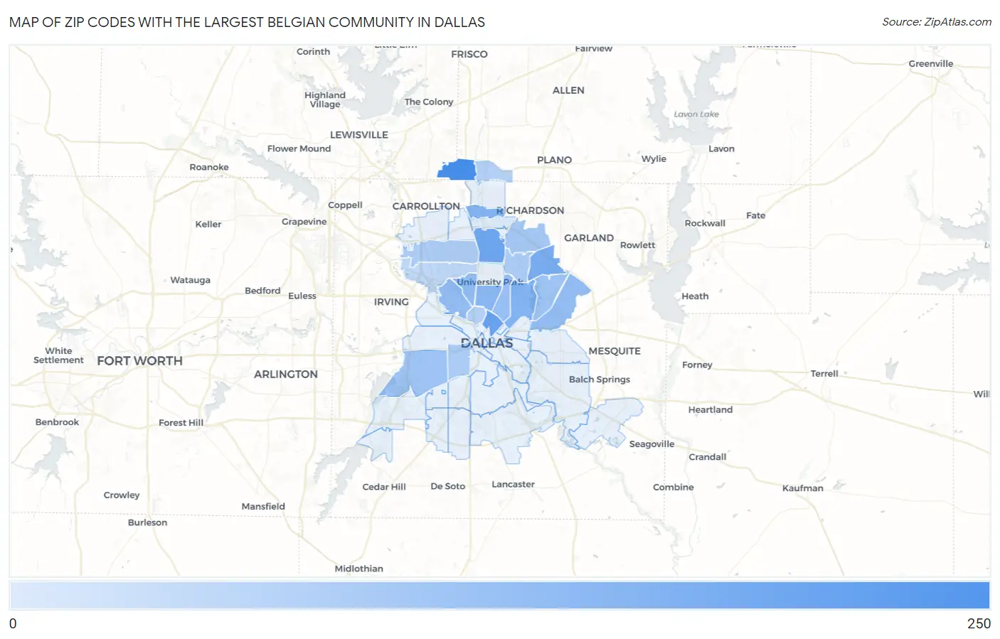 Zip Codes with the Largest Belgian Community in Dallas Map