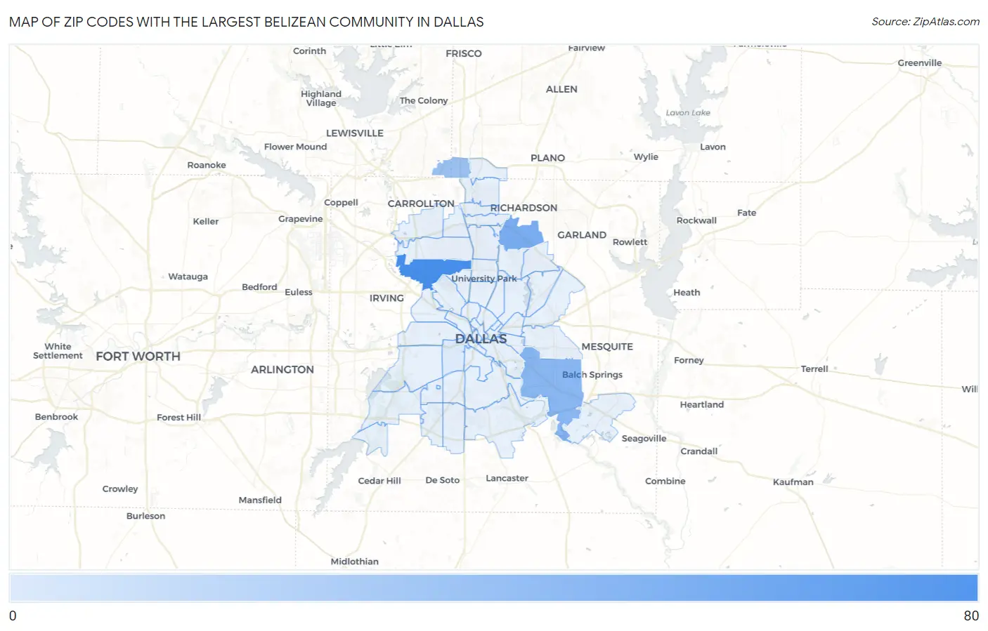 Zip Codes with the Largest Belizean Community in Dallas Map