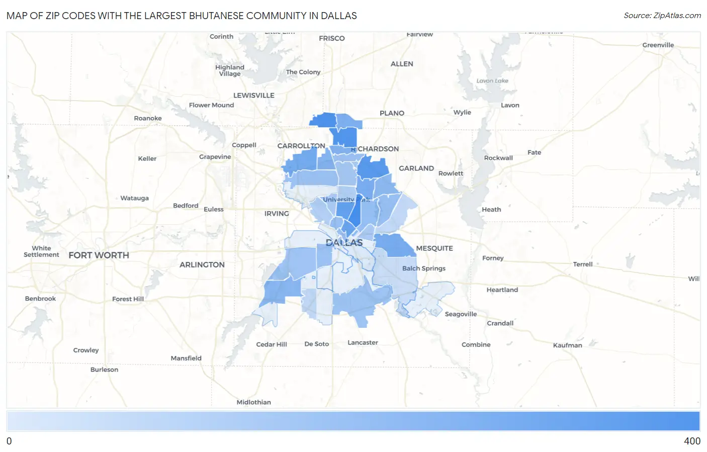 Zip Codes with the Largest Bhutanese Community in Dallas Map