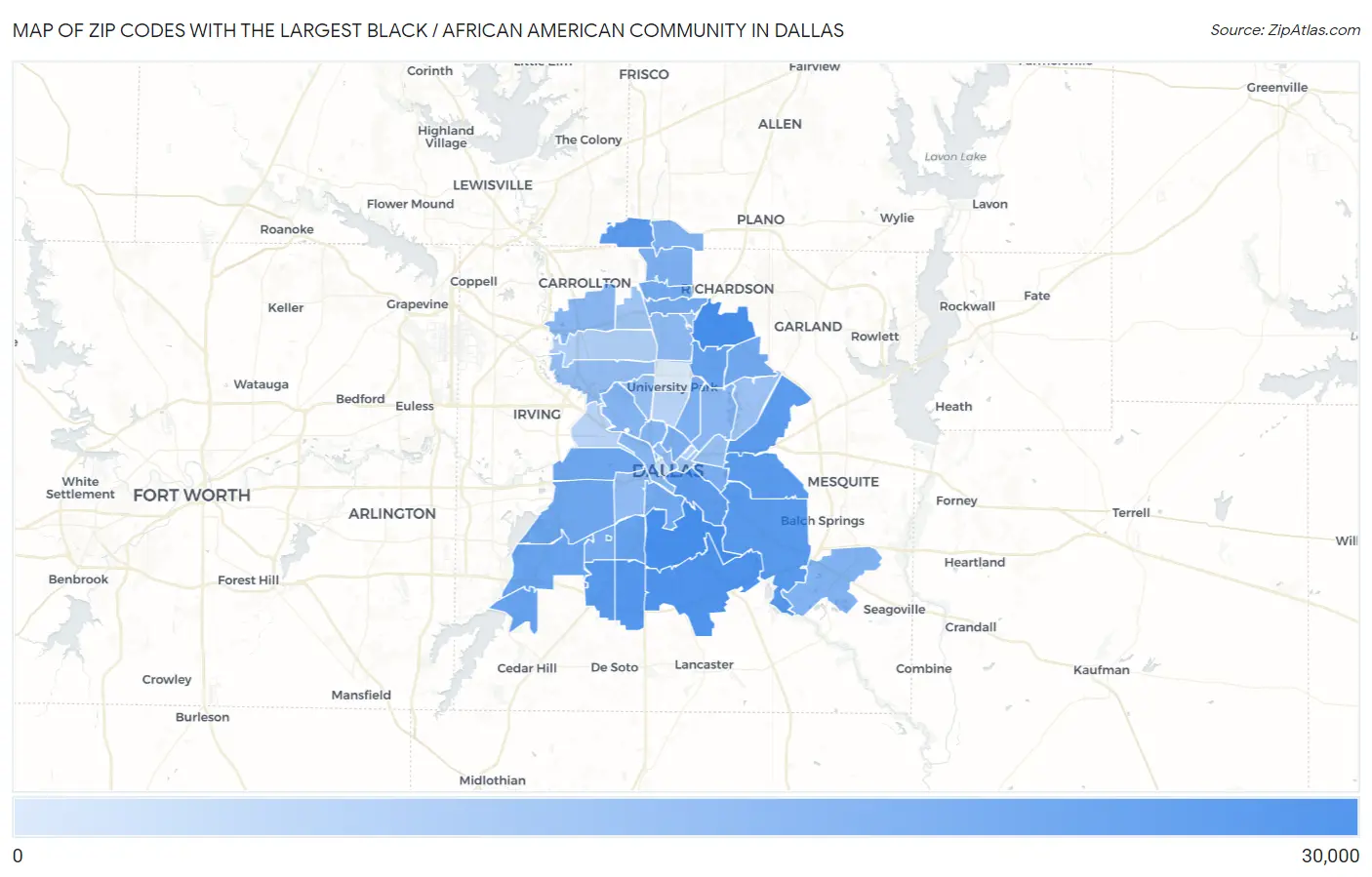 Zip Codes with the Largest Black / African American Community in Dallas Map