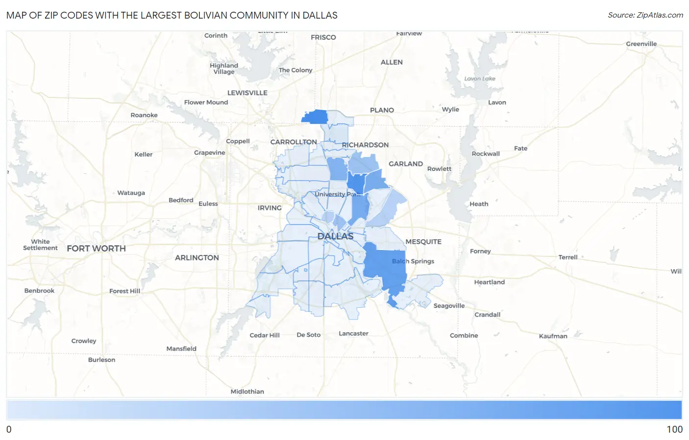 Zip Codes with the Largest Bolivian Community in Dallas Map