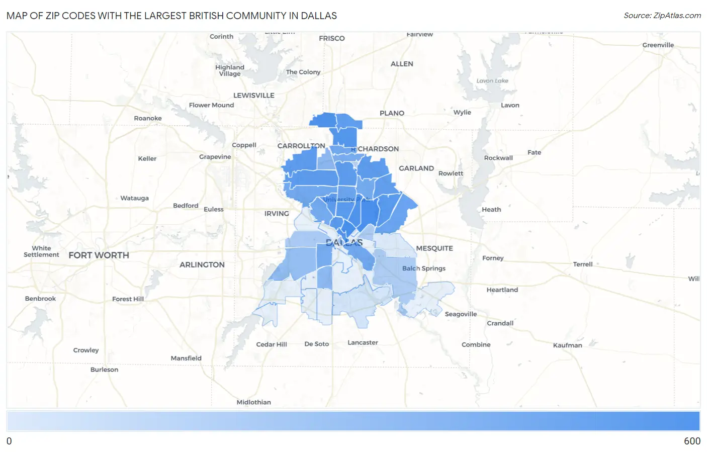 Zip Codes with the Largest British Community in Dallas Map