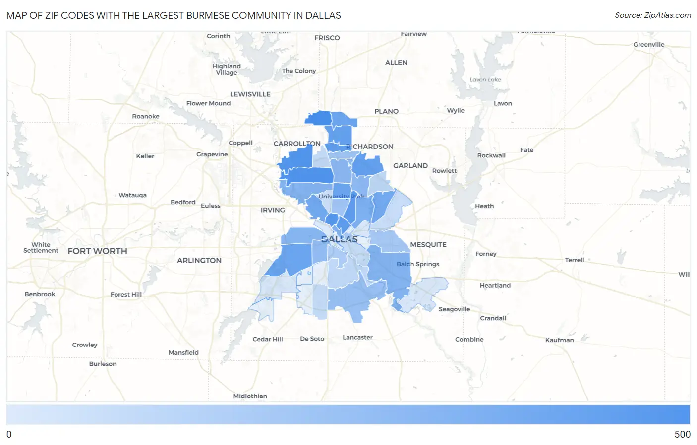 Zip Codes with the Largest Burmese Community in Dallas Map