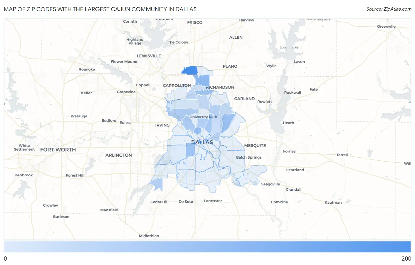 Zip Codes with the Largest Cajun Community in Dallas Map
