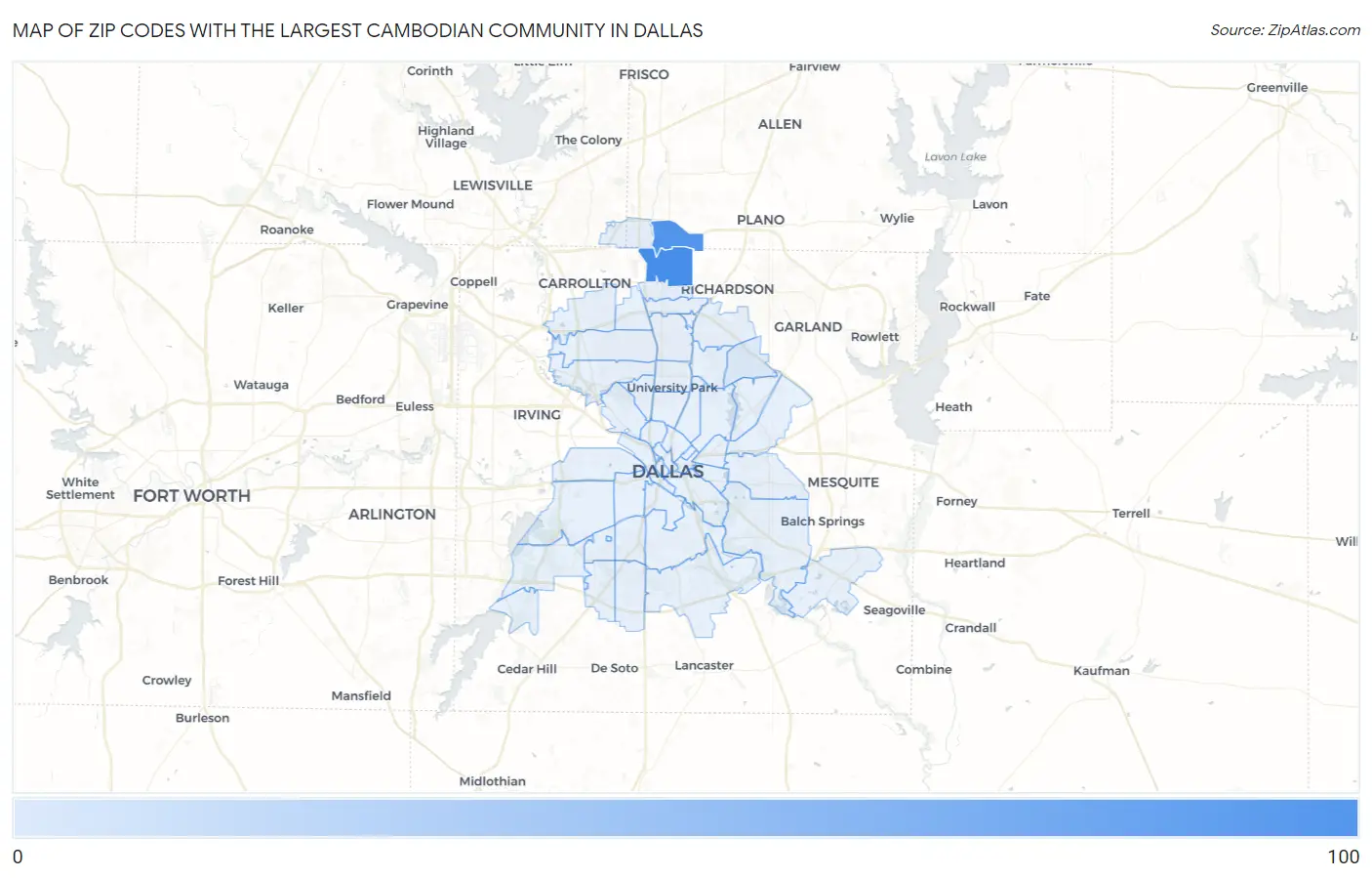 Zip Codes with the Largest Cambodian Community in Dallas Map