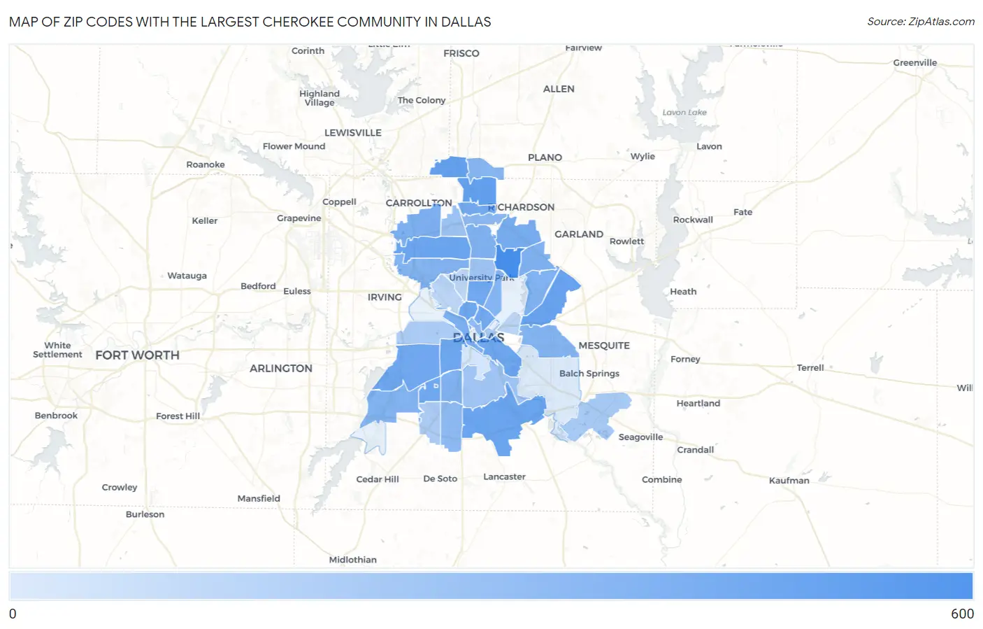 Zip Codes with the Largest Cherokee Community in Dallas Map