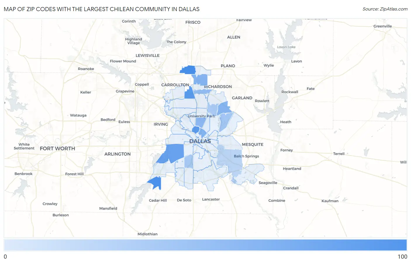 Zip Codes with the Largest Chilean Community in Dallas Map