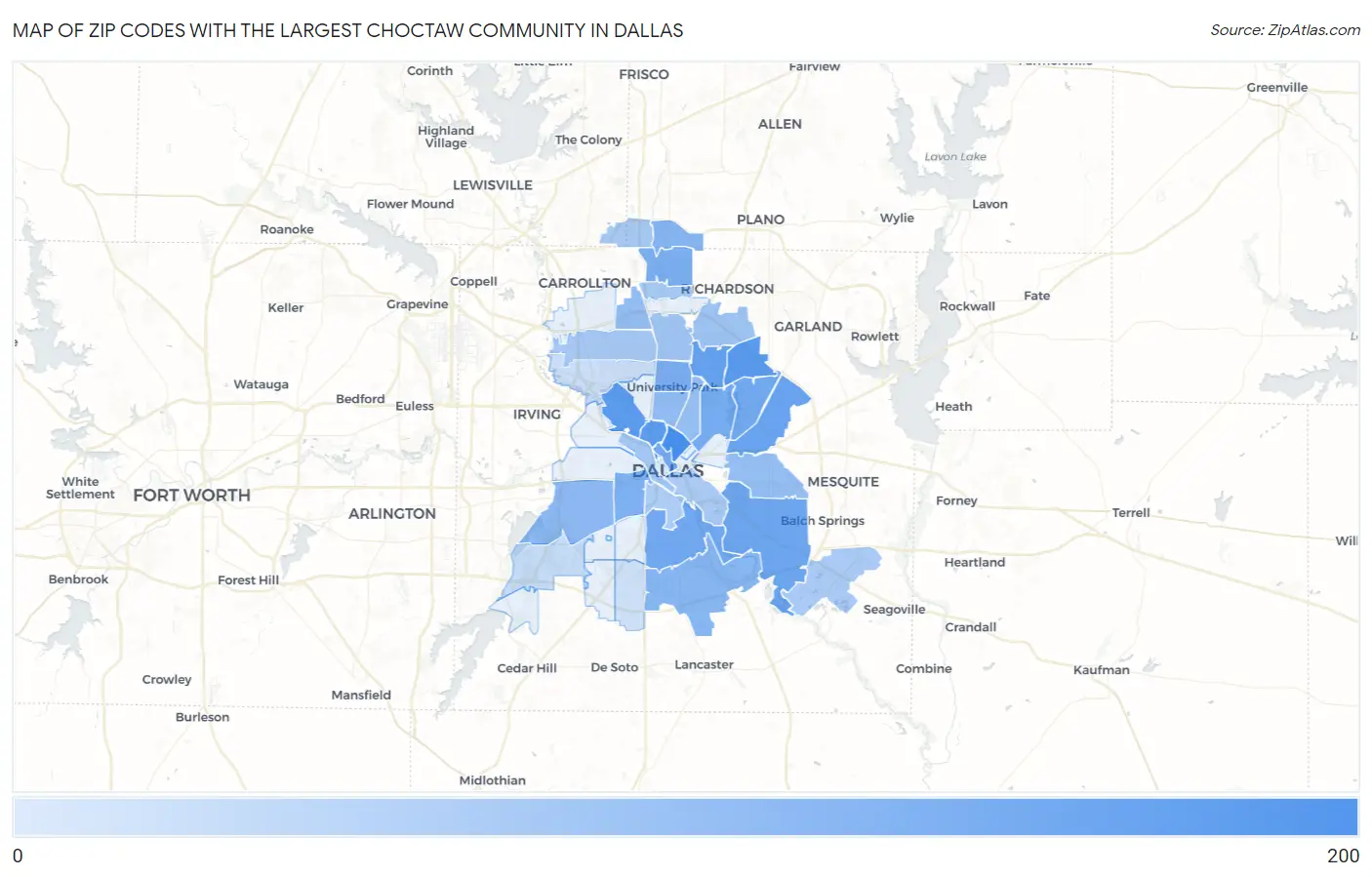 Zip Codes with the Largest Choctaw Community in Dallas Map