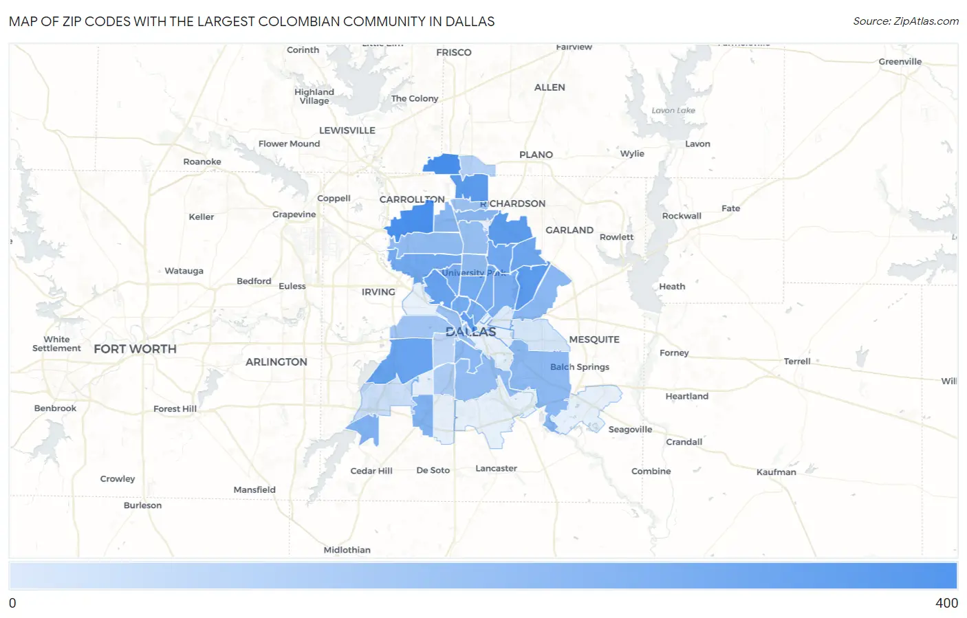 Zip Codes with the Largest Colombian Community in Dallas Map