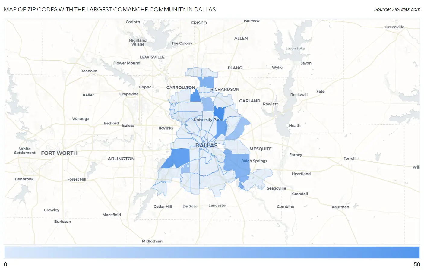 Zip Codes with the Largest Comanche Community in Dallas Map
