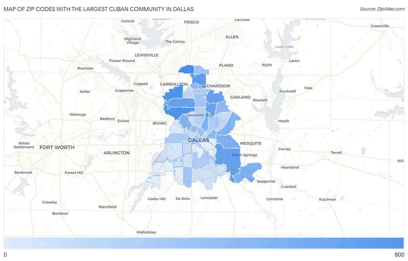 Zip Codes with the Largest Cuban Community in Dallas Map