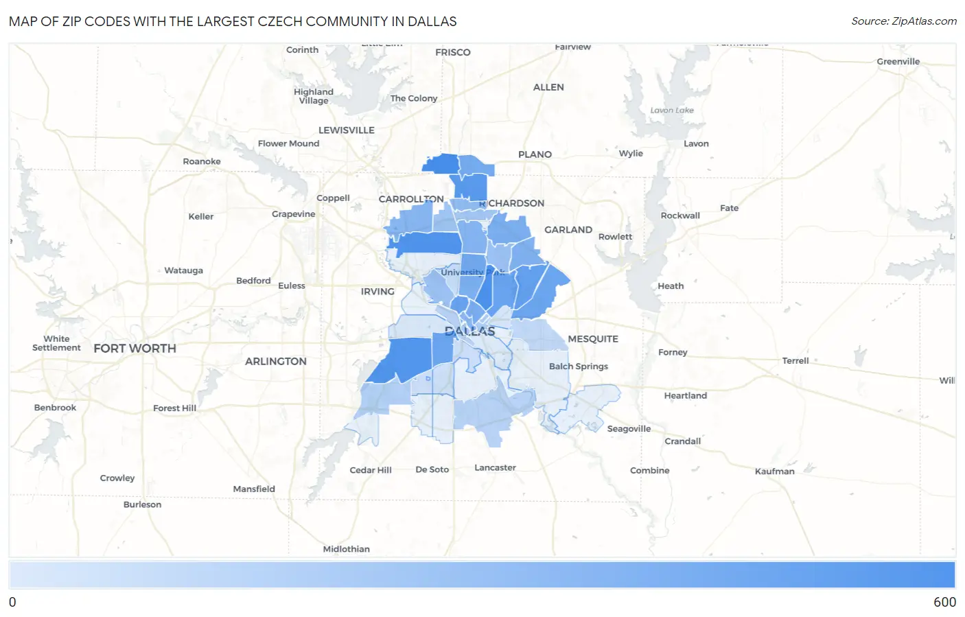 Zip Codes with the Largest Czech Community in Dallas Map