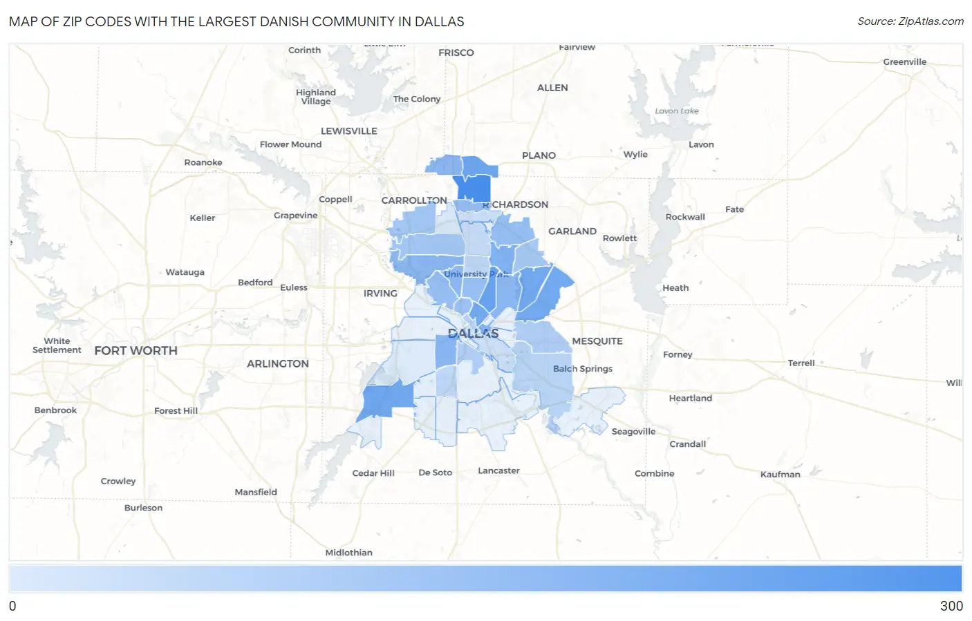 Zip Codes with the Largest Danish Community in Dallas Map