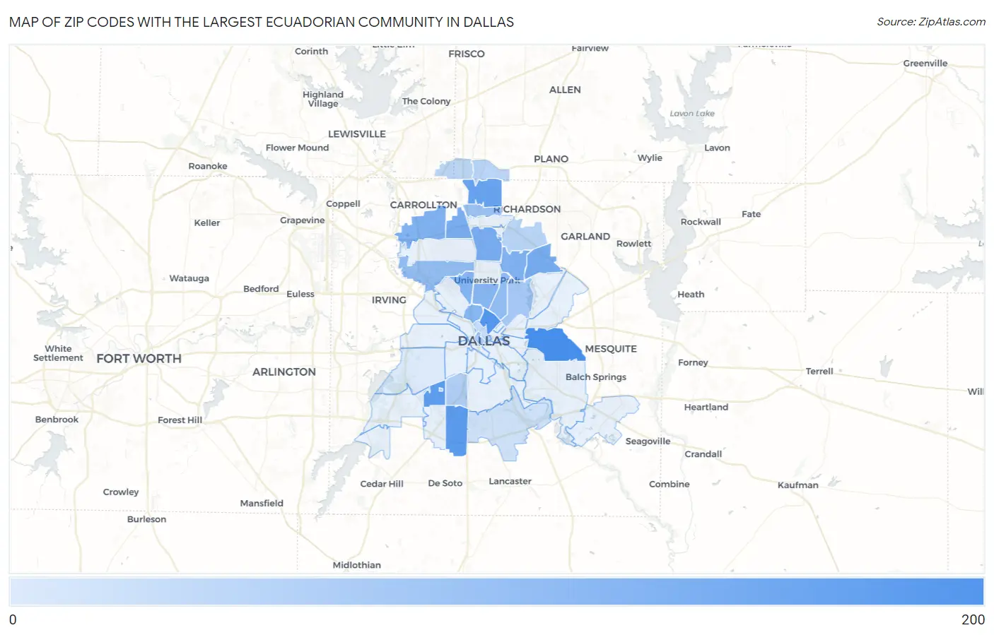 Zip Codes with the Largest Ecuadorian Community in Dallas Map