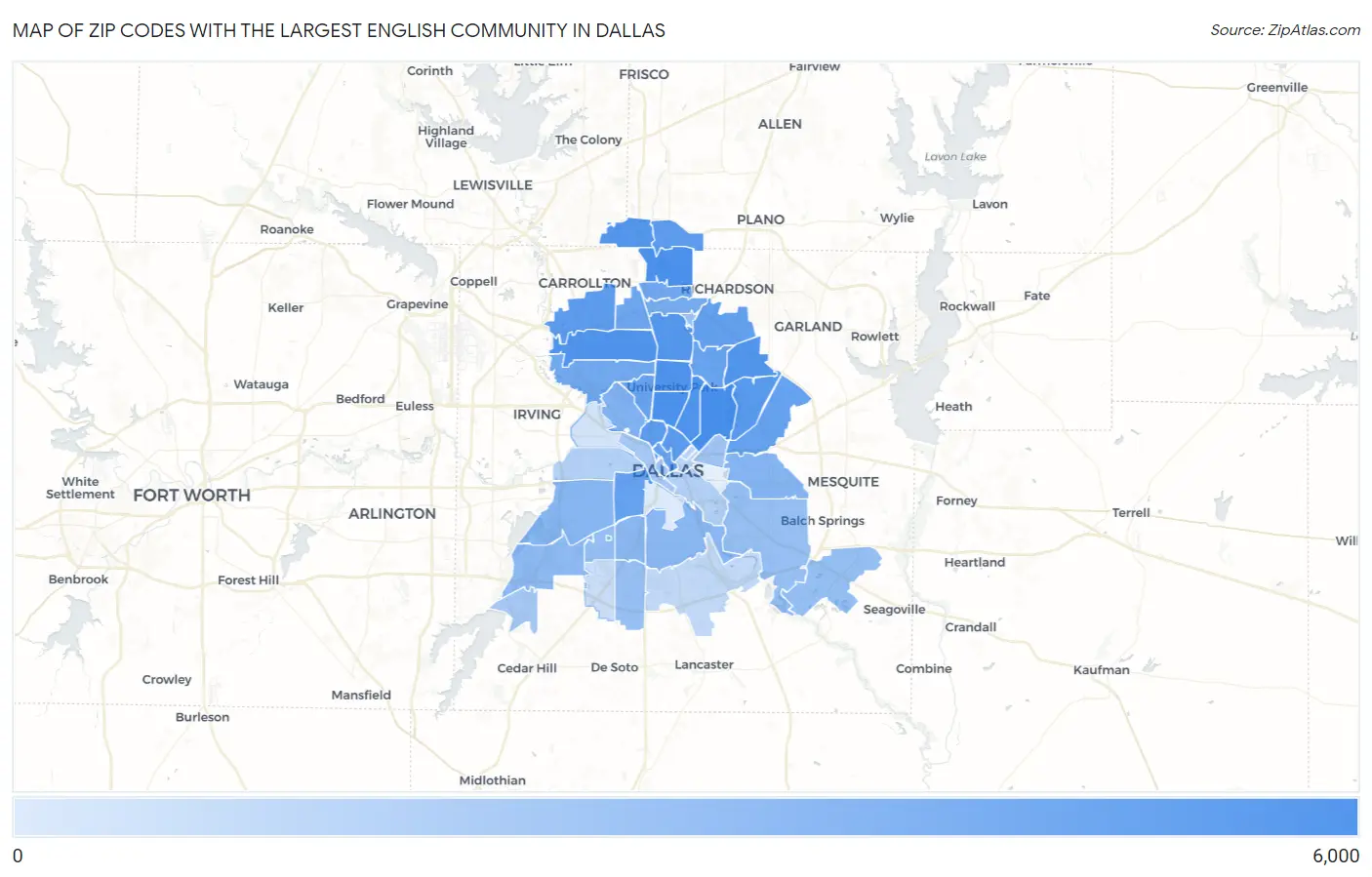 Zip Codes with the Largest English Community in Dallas Map